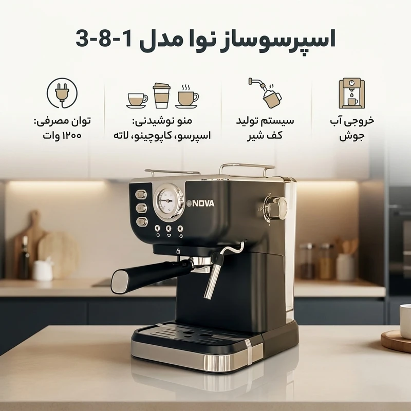 اسپرسوساز 1.5 لیتری نوا، مدل 3-8-1، مناسب تهیه اسپرسو، کافه لاته، کاپوچینو، دارای سیستم کاپوچینوساز، تولید کف شیر، حالت آماده به کار